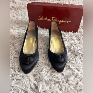 Salvatore Ferragamo black satin rose shoes, Size 6
